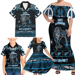 Personalised Ngati Kahungunu Aotearoa Meri Kirihimete Family Matching Off Shoulder Maxi Dress and Hawaiian Shirt Maori Kiwi Bird Silver Fern Koru Pattern