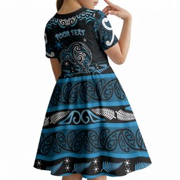 Personalised Ngati Kahungunu Aotearoa Meri Kirihimete Kid Short Sleeve Dress Maori Kiwi Bird Silver Fern Koru Pattern