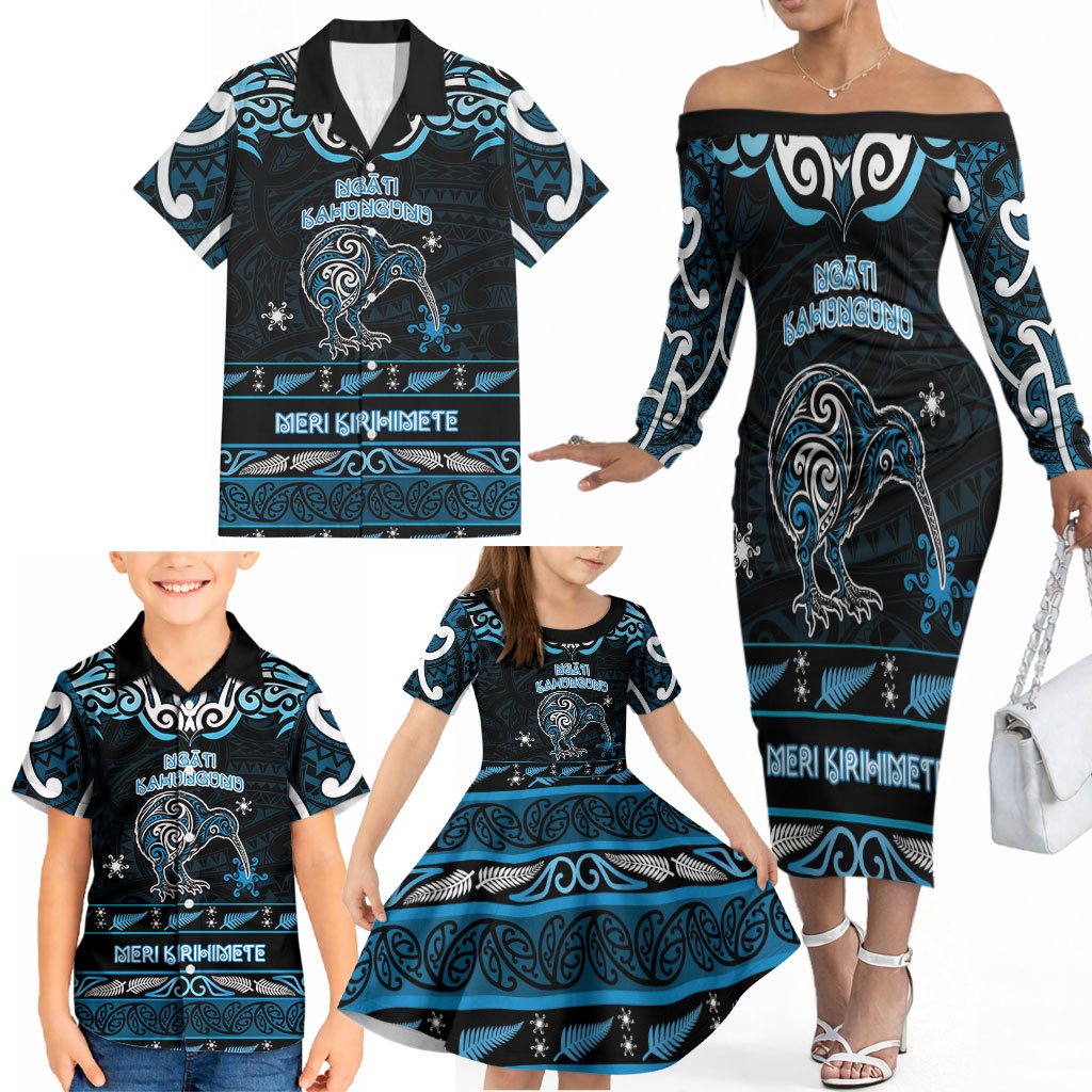 Personalised Ngati Kahungunu Aotearoa Meri Kirihimete Family Matching Off The Shoulder Long Sleeve Dress and Hawaiian Shirt Maori Kiwi Bird Silver Fern Koru Pattern