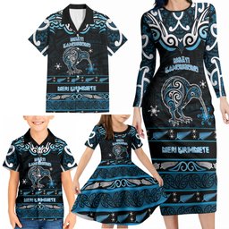 Personalised Ngati Kahungunu Aotearoa Meri Kirihimete Family Matching Long Sleeve Bodycon Dress and Hawaiian Shirt Maori Kiwi Bird Silver Fern Koru Pattern