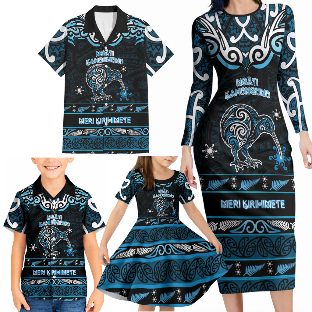 Personalised Ngati Kahungunu Aotearoa Meri Kirihimete Family Matching Long Sleeve Bodycon Dress and Hawaiian Shirt Maori Kiwi Bird Silver Fern Koru Pattern