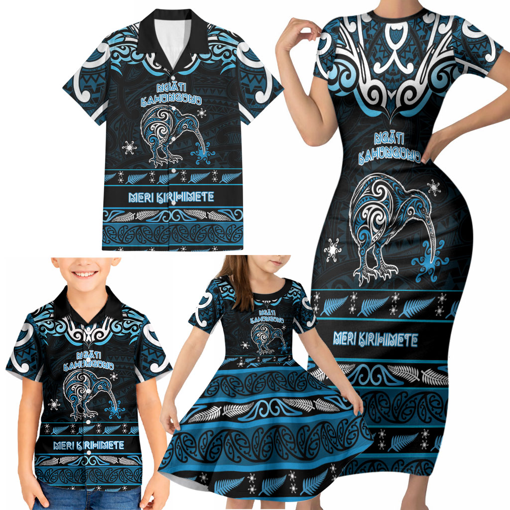 Personalised Ngati Kahungunu Aotearoa Meri Kirihimete Family Matching Short Sleeve Bodycon Dress and Hawaiian Shirt Maori Kiwi Bird Silver Fern Koru Pattern
