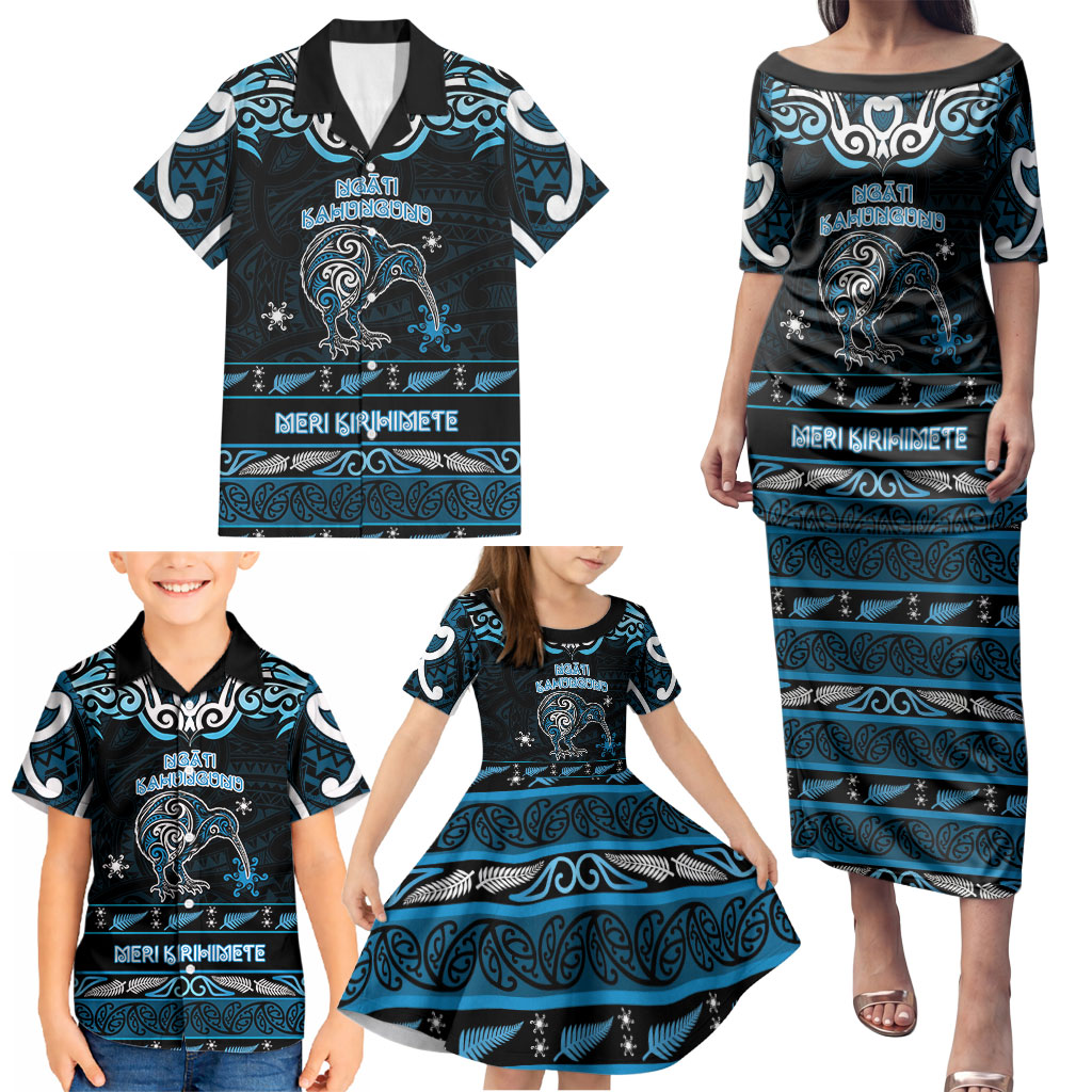 Personalised Ngati Kahungunu Aotearoa Meri Kirihimete Family Matching Puletasi and Hawaiian Shirt Maori Kiwi Bird Silver Fern Koru Pattern