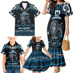 Personalised Ngati Kahungunu Aotearoa Meri Kirihimete Family Matching Mermaid Dress and Hawaiian Shirt Maori Kiwi Bird Silver Fern Koru Pattern