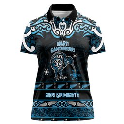 Personalised Ngati Kahungunu Aotearoa Meri Kirihimete Women Polo Shirt Maori Kiwi Bird Silver Fern Koru Pattern