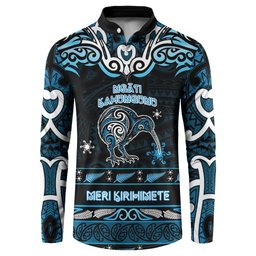 Personalised Ngati Kahungunu Aotearoa Meri Kirihimete Button Sweatshirt Maori Kiwi Bird Silver Fern Koru Pattern