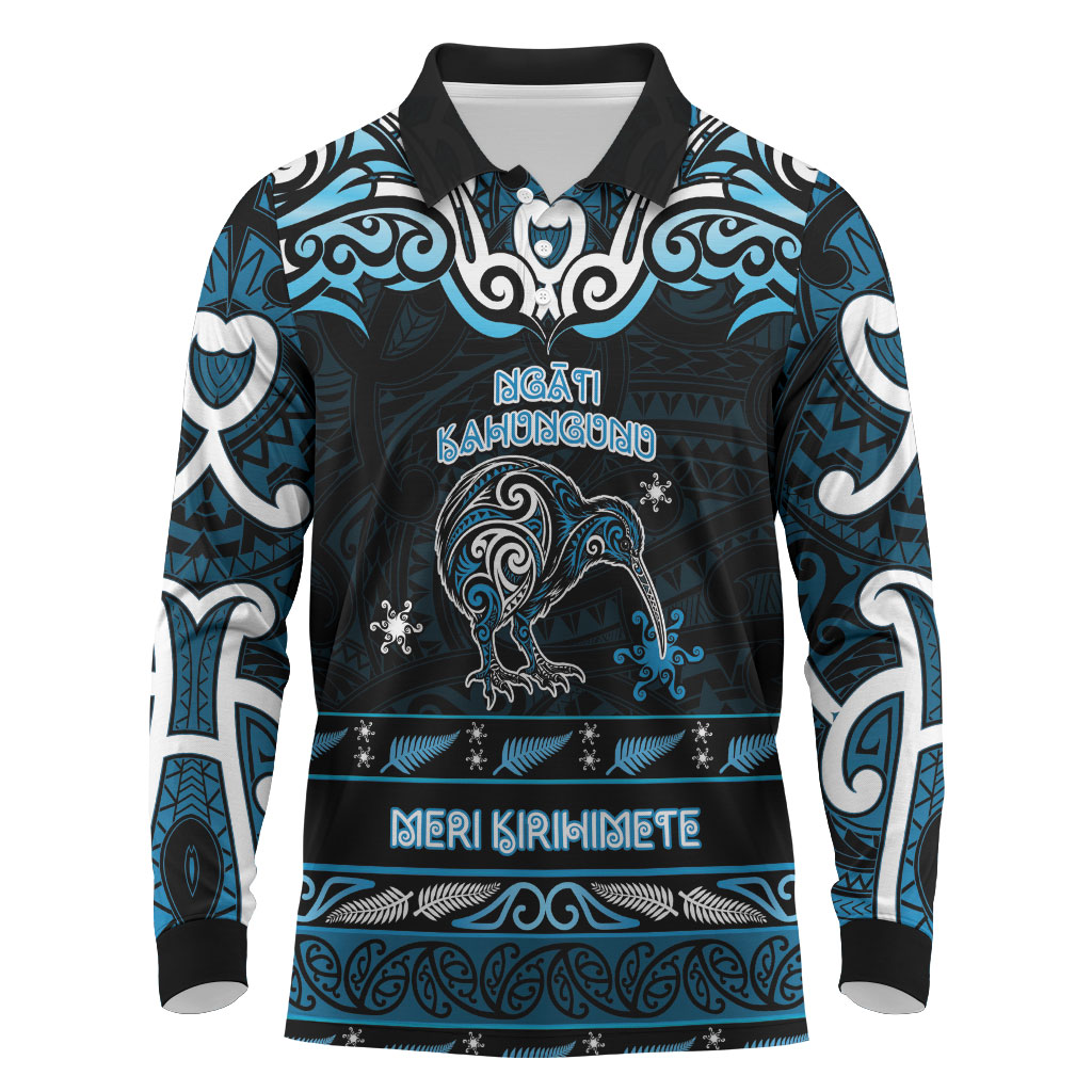 Personalised Ngati Kahungunu Aotearoa Meri Kirihimete Long Sleeve Polo Shirt Maori Kiwi Bird Silver Fern Koru Pattern