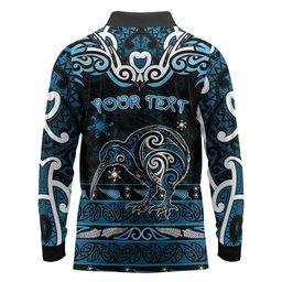Personalised Ngati Kahungunu Aotearoa Meri Kirihimete Long Sleeve Polo Shirt Maori Kiwi Bird Silver Fern Koru Pattern
