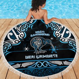 Ngati Kahungunu Aotearoa Meri Kirihimete Beach Blanket Maori Kiwi Bird Silver Fern Koru Pattern