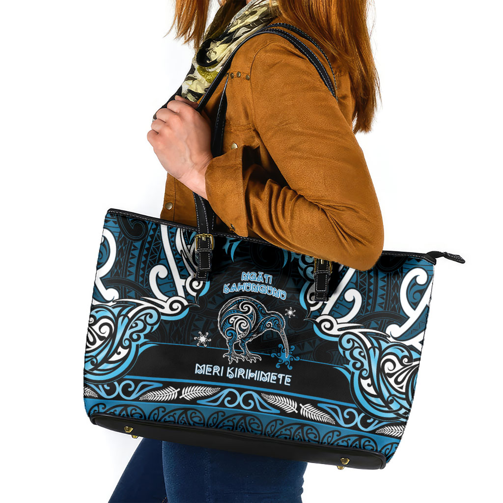 Ngati Kahungunu Aotearoa Meri Kirihimete Leather Tote Bag Maori Kiwi Bird Silver Fern Koru Pattern