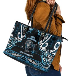 Ngati Kahungunu Aotearoa Meri Kirihimete Leather Tote Bag Maori Kiwi Bird Silver Fern Koru Pattern