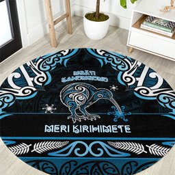Ngati Kahungunu Aotearoa Meri Kirihimete Round Carpet Maori Kiwi Bird Silver Fern Koru Pattern