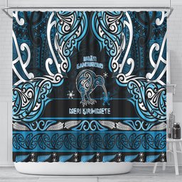Ngati Kahungunu Aotearoa Meri Kirihimete Shower Curtain Maori Kiwi Bird Silver Fern Koru Pattern