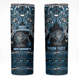 Personalised Ngati Kahungunu Aotearoa Meri Kirihimete Skinny Tumbler Maori Kiwi Bird Silver Fern Koru Pattern