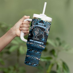 Personalised Ngati Kahungunu Aotearoa Meri Kirihimete Tumbler With Handle Maori Kiwi Bird Silver Fern Koru Pattern