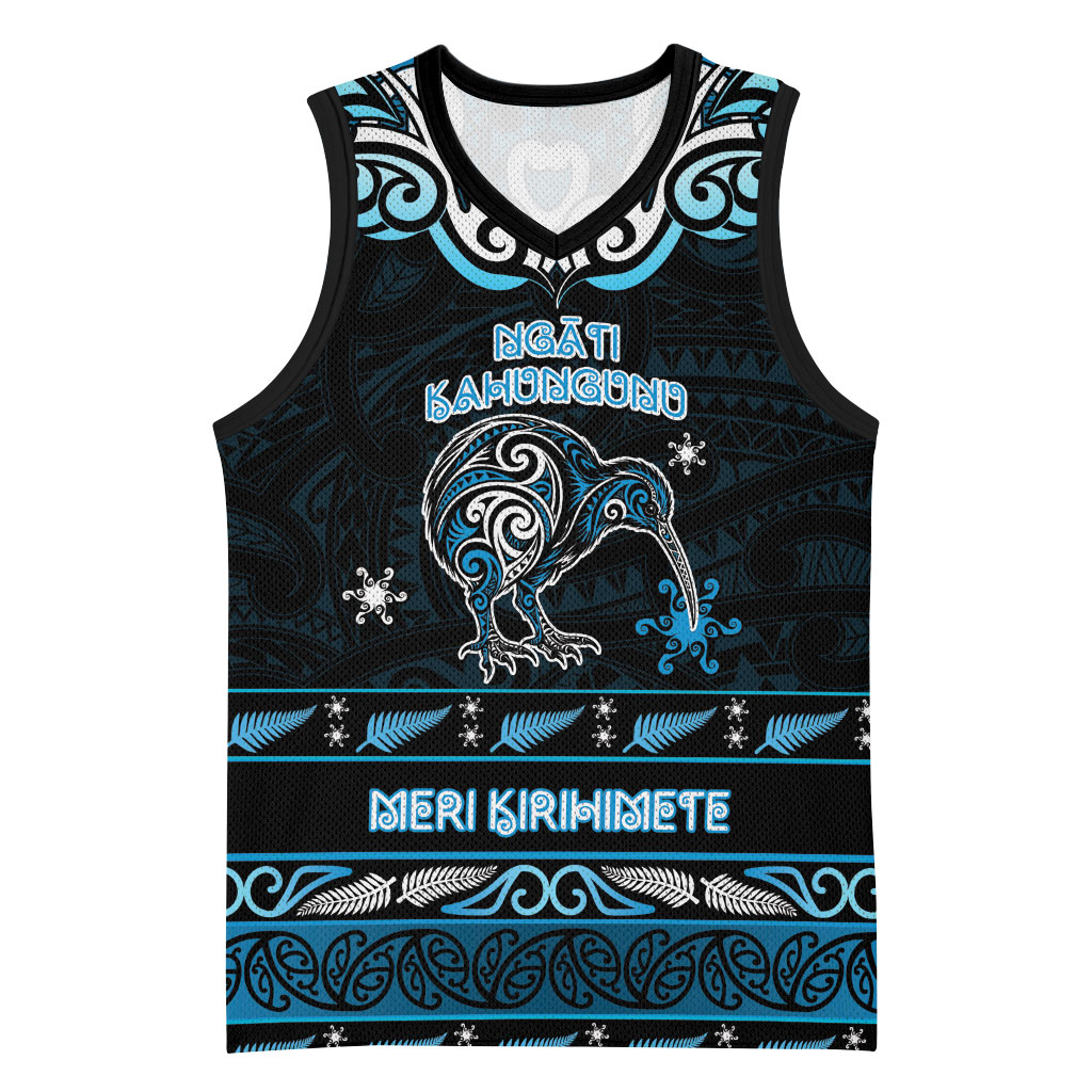 Personalised Ngati Kahungunu Aotearoa Meri Kirihimete Basketball Jersey Maori Kiwi Bird Silver Fern Koru Pattern