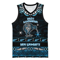 Personalised Ngati Kahungunu Aotearoa Meri Kirihimete Basketball Jersey Maori Kiwi Bird Silver Fern Koru Pattern