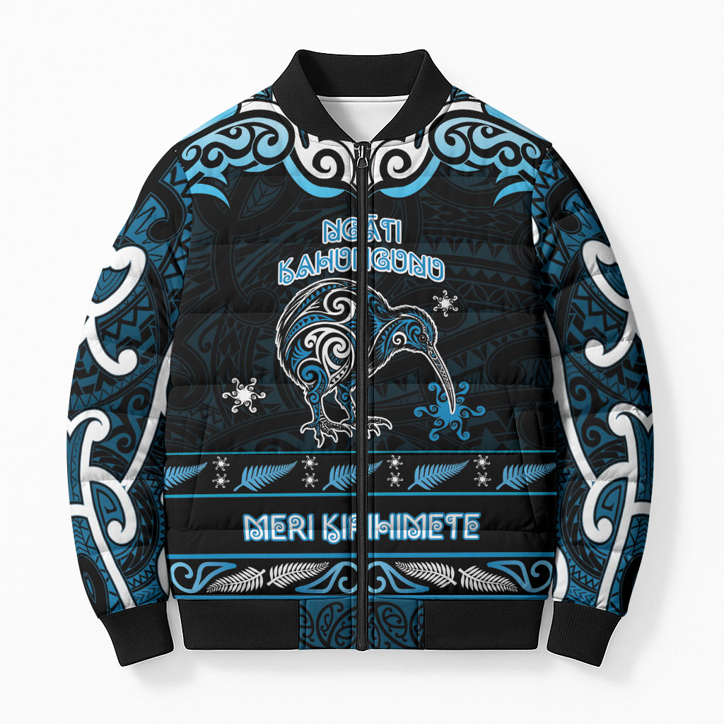 Personalised Ngati Kahungunu Aotearoa Meri Kirihimete Bomber Puffer Jacket Maori Kiwi Bird Silver Fern Koru Pattern