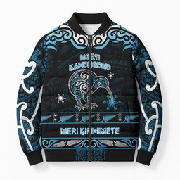 Personalised Ngati Kahungunu Aotearoa Meri Kirihimete Bomber Puffer Jacket Maori Kiwi Bird Silver Fern Koru Pattern