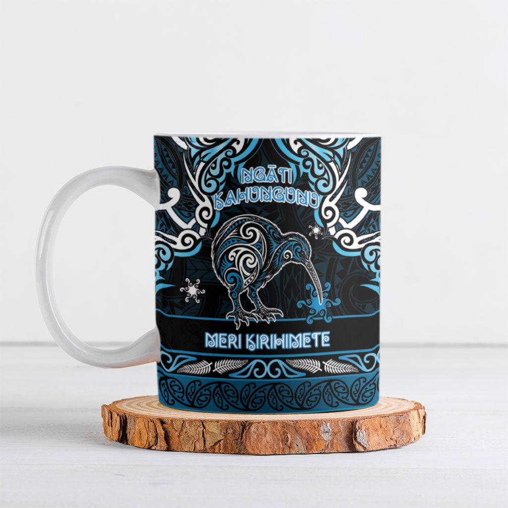 Personalised Ngati Kahungunu Aotearoa Meri Kirihimete Ceramic Mug Maori Kiwi Bird Silver Fern Koru Pattern