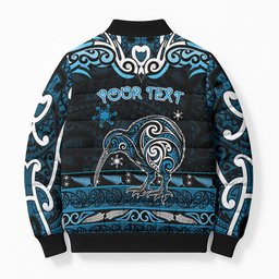 Personalised Ngati Kahungunu Aotearoa Meri Kirihimete Bomber Puffer Jacket Maori Kiwi Bird Silver Fern Koru Pattern