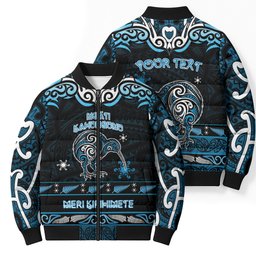 Personalised Ngati Kahungunu Aotearoa Meri Kirihimete Bomber Puffer Jacket Maori Kiwi Bird Silver Fern Koru Pattern