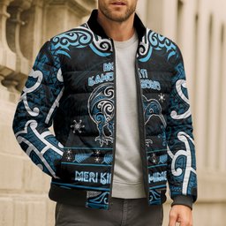 Personalised Ngati Kahungunu Aotearoa Meri Kirihimete Bomber Puffer Jacket Maori Kiwi Bird Silver Fern Koru Pattern