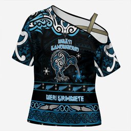 Personalised Ngati Kahungunu Aotearoa Meri Kirihimete Cross Shoulder Shirt Maori Kiwi Bird Silver Fern Koru Pattern