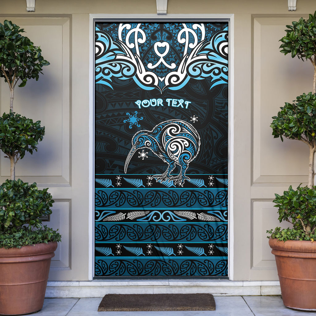 Personalised Ngati Kahungunu Aotearoa Meri Kirihimete Door Cover Maori Kiwi Bird Silver Fern Koru Pattern