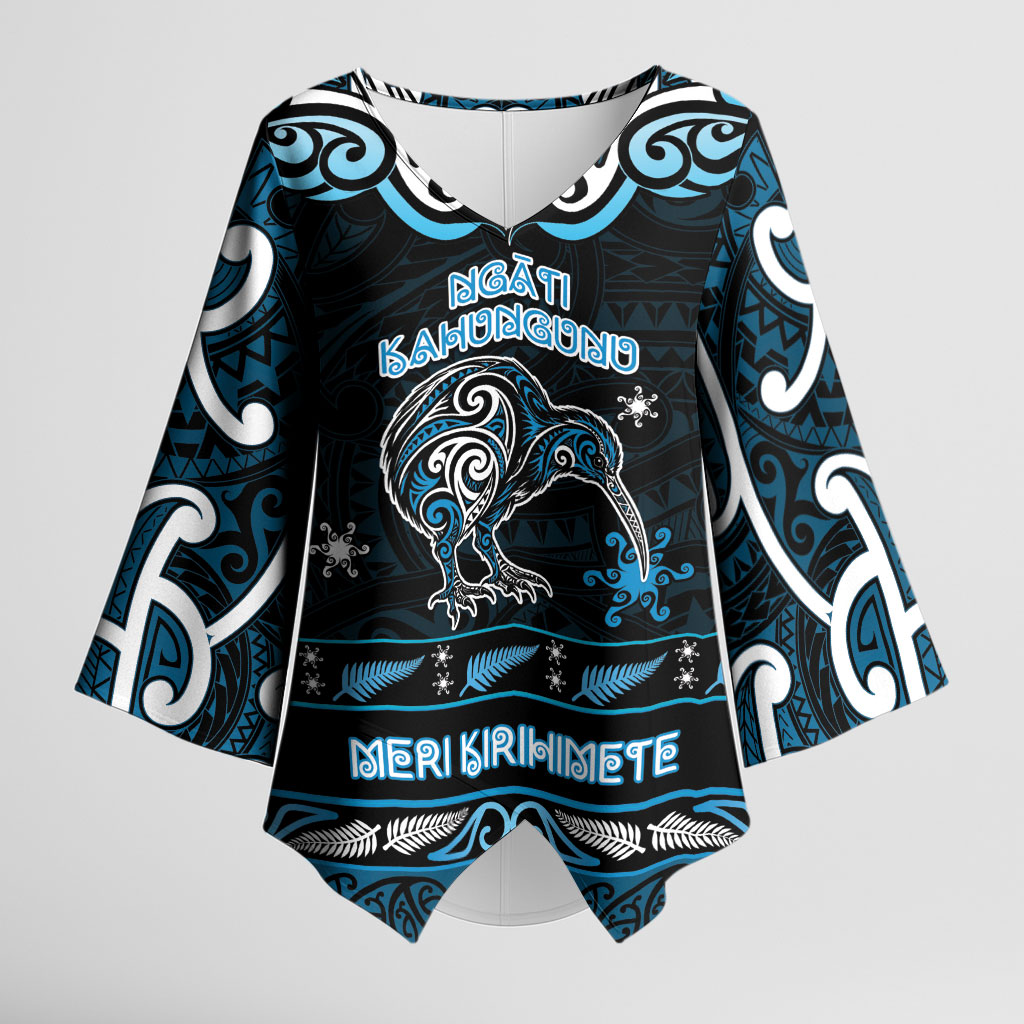 Personalised Ngati Kahungunu Aotearoa Meri Kirihimete Kimono Sleeve Blouse Maori Kiwi Bird Silver Fern Koru Pattern