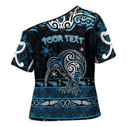 Personalised Ngati Kahungunu Aotearoa Meri Kirihimete Cross Shoulder Shirt Maori Kiwi Bird Silver Fern Koru Pattern