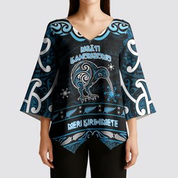 Personalised Ngati Kahungunu Aotearoa Meri Kirihimete Kimono Sleeve Blouse Maori Kiwi Bird Silver Fern Koru Pattern