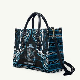 Ngati Kahungunu Aotearoa Meri Kirihimete Leather Bag Maori Kiwi Bird Silver Fern Koru Pattern