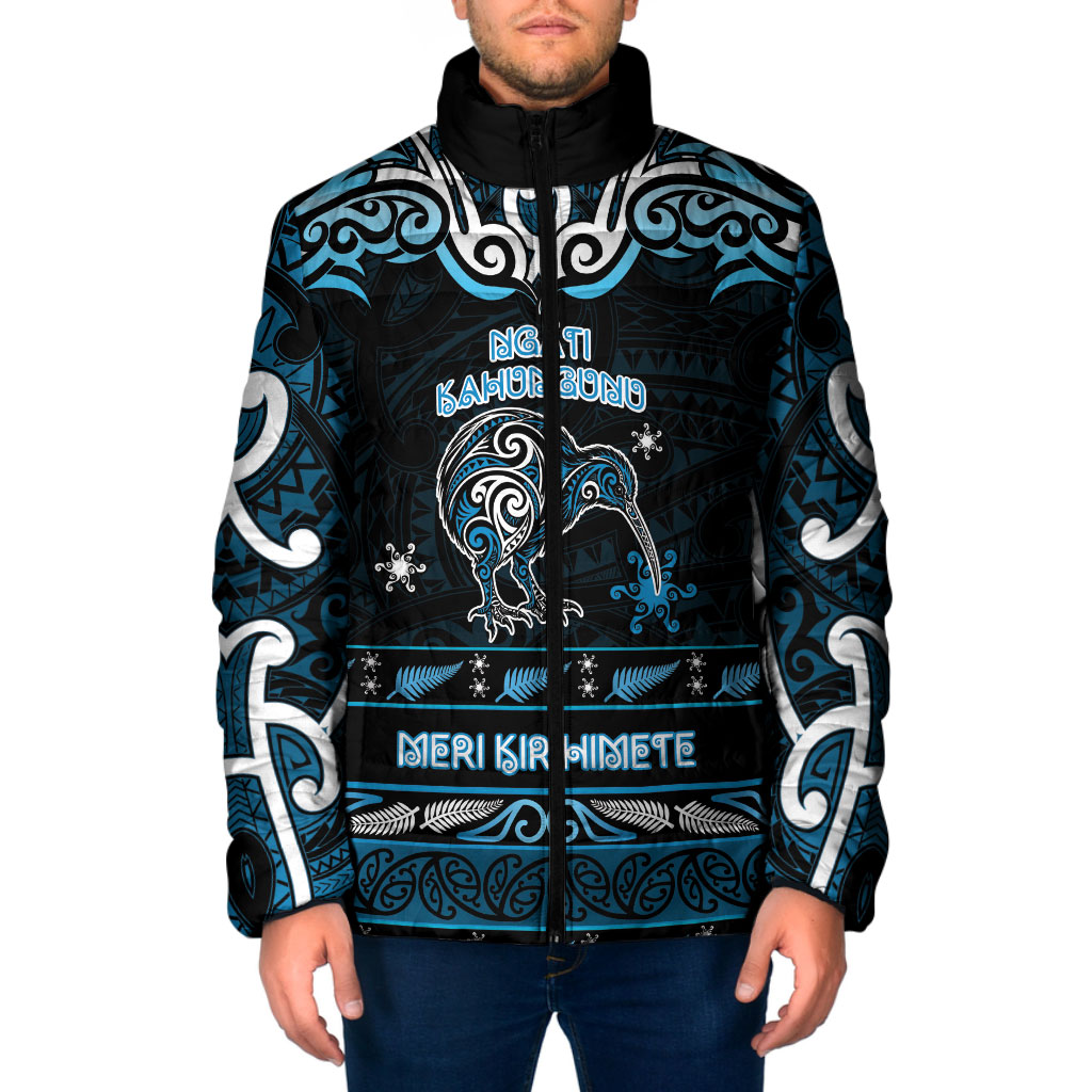 Personalised Ngati Kahungunu Aotearoa Meri Kirihimete Padded Jacket Maori Kiwi Bird Silver Fern Koru Pattern