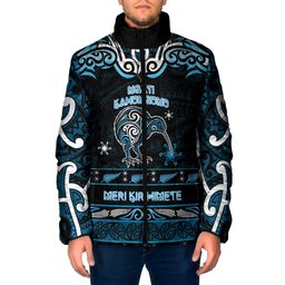 Personalised Ngati Kahungunu Aotearoa Meri Kirihimete Padded Jacket Maori Kiwi Bird Silver Fern Koru Pattern