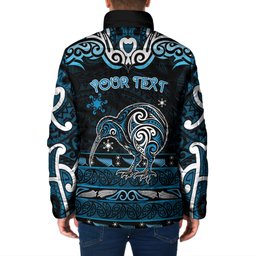 Personalised Ngati Kahungunu Aotearoa Meri Kirihimete Padded Jacket Maori Kiwi Bird Silver Fern Koru Pattern