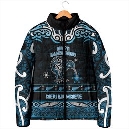 Personalised Ngati Kahungunu Aotearoa Meri Kirihimete Padded Jacket Maori Kiwi Bird Silver Fern Koru Pattern