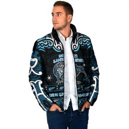 Personalised Ngati Kahungunu Aotearoa Meri Kirihimete Padded Jacket Maori Kiwi Bird Silver Fern Koru Pattern