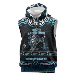 Personalised Ngati Kahungunu Aotearoa Meri Kirihimete Sleeveless Hoodie Maori Kiwi Bird Silver Fern Koru Pattern