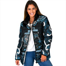 Personalised Ngati Kahungunu Aotearoa Meri Kirihimete Padded Jacket Maori Kiwi Bird Silver Fern Koru Pattern