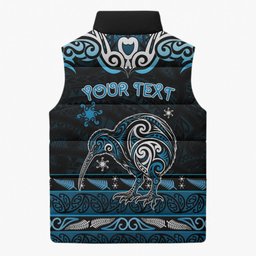Personalised Ngati Kahungunu Aotearoa Meri Kirihimete Sleeveless Puffer Jacket Maori Kiwi Bird Silver Fern Koru Pattern