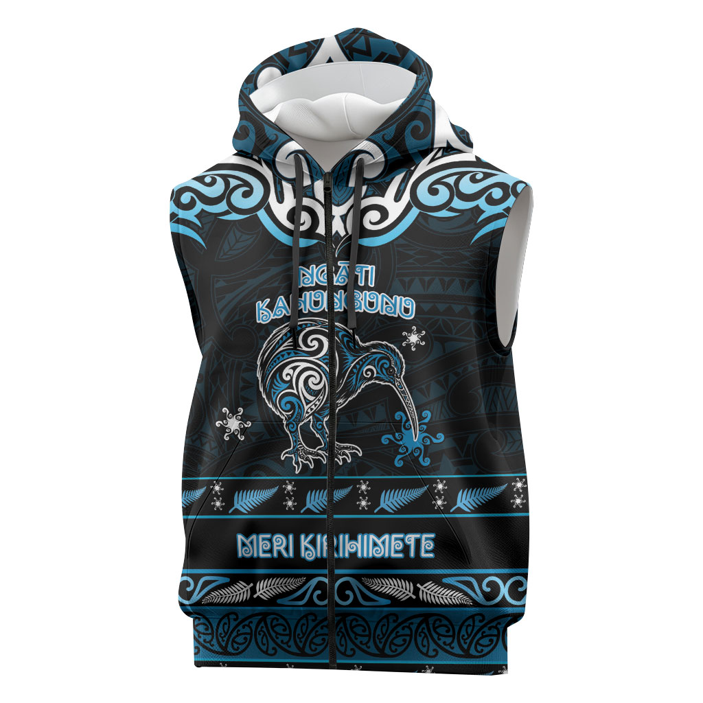 Personalised Ngati Kahungunu Aotearoa Meri Kirihimete Sleeveless Zip Hoodie Maori Kiwi Bird Silver Fern Koru Pattern