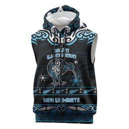 Personalised Ngati Kahungunu Aotearoa Meri Kirihimete Sleeveless Zip Hoodie Maori Kiwi Bird Silver Fern Koru Pattern