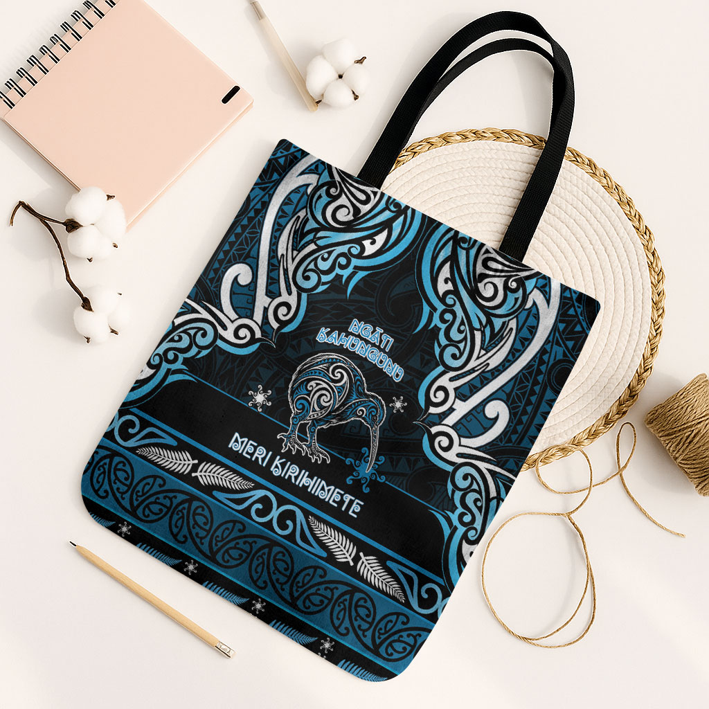 Ngati Kahungunu Aotearoa Meri Kirihimete Tote Bag Maori Kiwi Bird Silver Fern Koru Pattern