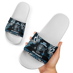 Ngati Kahungunu Aotearoa Meri Kirihimete Slide Sandals Maori Kiwi Bird Silver Fern Koru Pattern