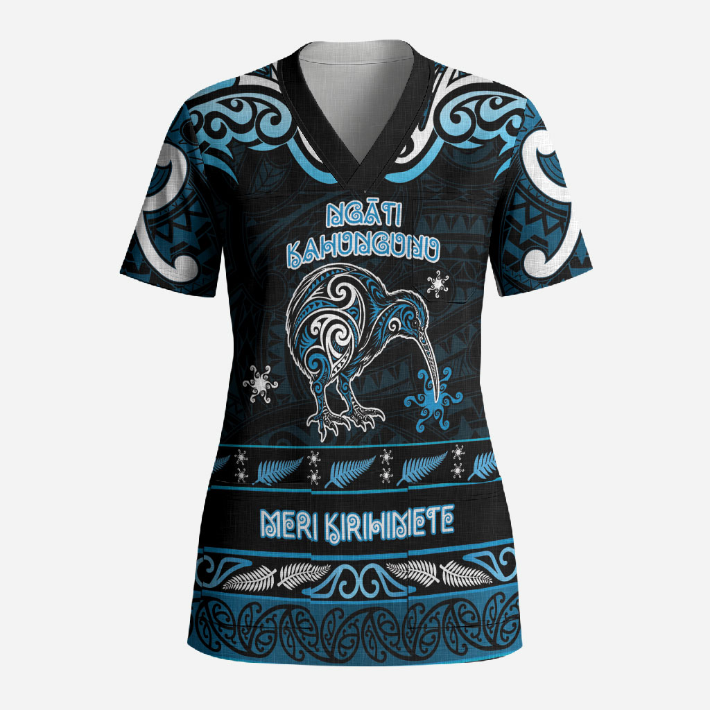 Personalised Ngati Kahungunu Aotearoa Meri Kirihimete Scrub Top Maori Kiwi Bird Silver Fern Koru Pattern