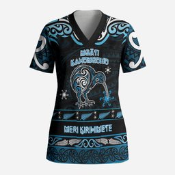 Personalised Ngati Kahungunu Aotearoa Meri Kirihimete Scrub Top Maori Kiwi Bird Silver Fern Koru Pattern