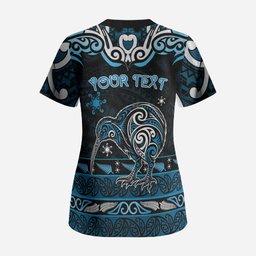 Personalised Ngati Kahungunu Aotearoa Meri Kirihimete Scrub Top Maori Kiwi Bird Silver Fern Koru Pattern