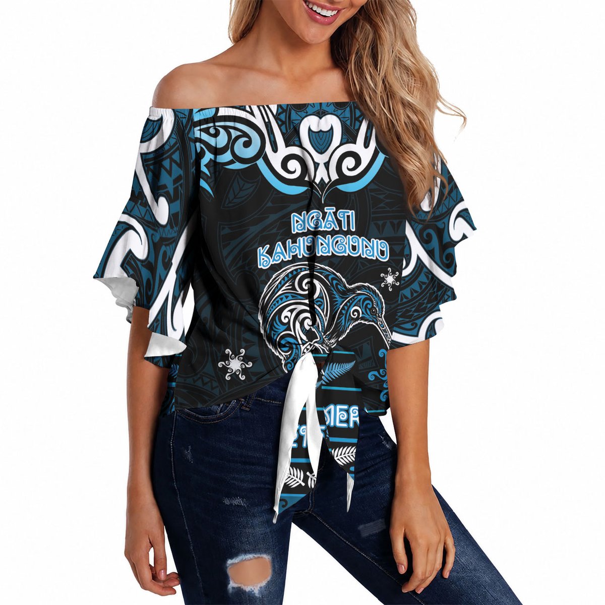 Personalised Ngati Kahungunu Aotearoa Meri Kirihimete Off Shoulder Wrap Waist Top Maori Kiwi Bird Silver Fern Koru Pattern