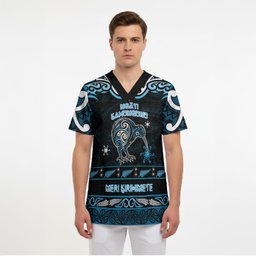 Personalised Ngati Kahungunu Aotearoa Meri Kirihimete Scrub Top Maori Kiwi Bird Silver Fern Koru Pattern